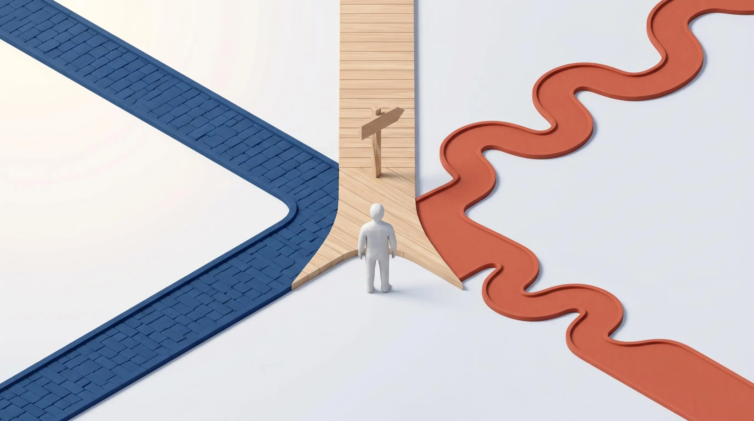 Illustration 3D isométrique d'un carrefour à trois chemins de couleurs distinctes (bleu, bois clair, rouge) avec une silhouette humaine au centre symbolisant le choix entre trois solutions de crédit