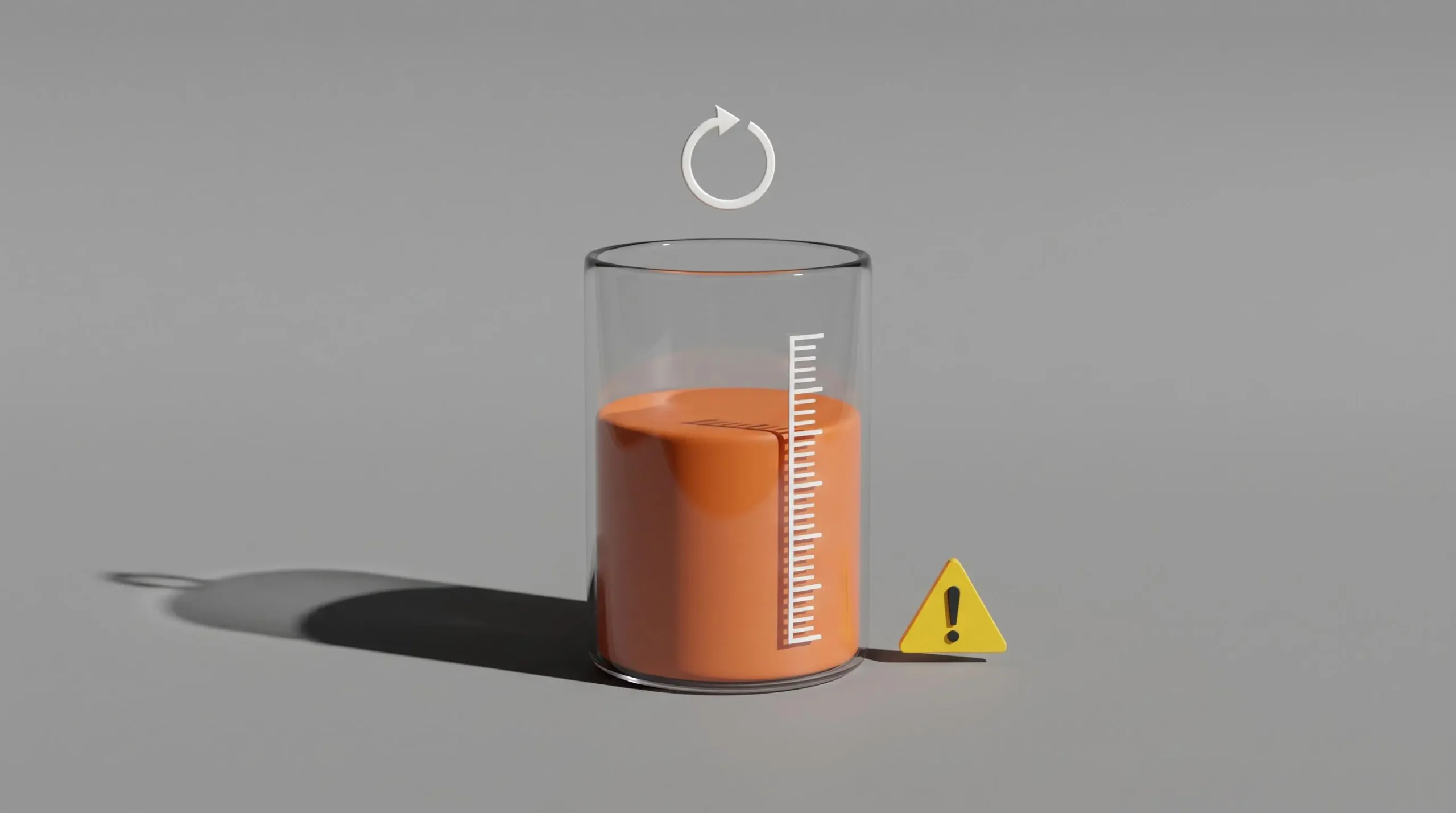 Illustration 3D d'un cylindre transparent rempli de liquide orange avec jauge graduée et symbole de reconstitution, accompagné d'un panneau d'avertissement, représentant le crédit renouvelable