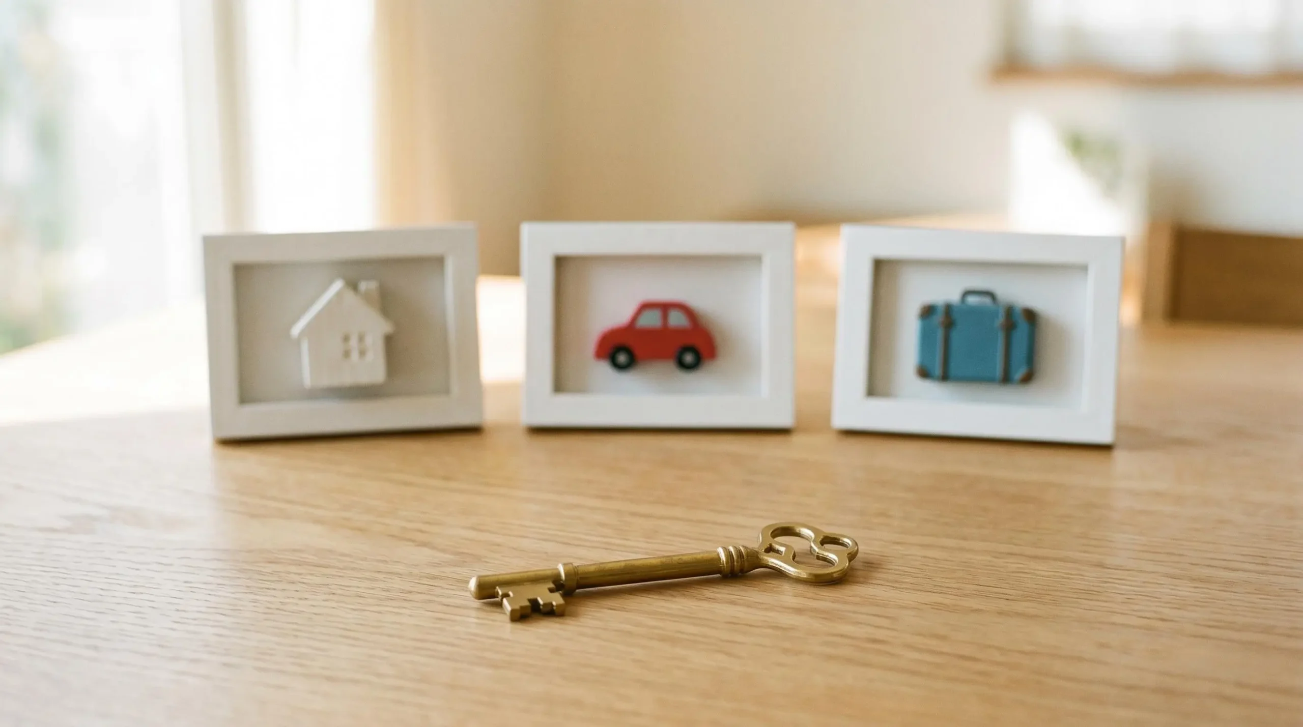 Photographie d'une clé dorée au premier plan pointant vers trois cadres blancs contenant symboles de maison, voiture et valise, illustrant la flexibilité du prêt personnel